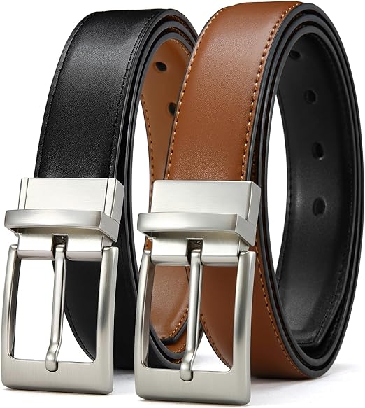 Black and brown leather reversible belt with silver buckle